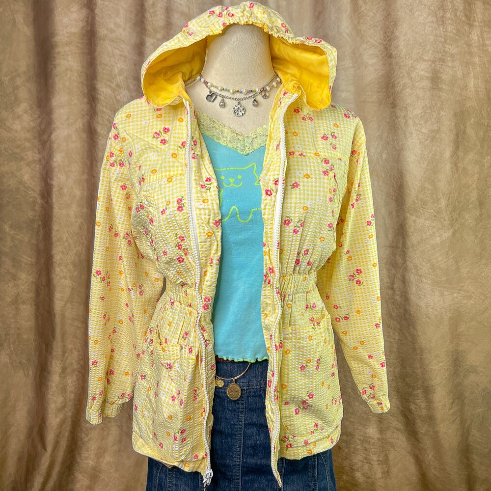 Vintage Floral Jacket 90s Gingham Checkered Yellow Hooded Cinched Zip Up Cottage